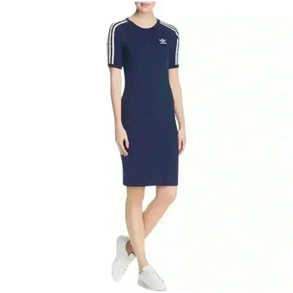 Adidas Originals 3 Stripe Bodycon Stretch Tee Shirt Dress Navy Size Small
